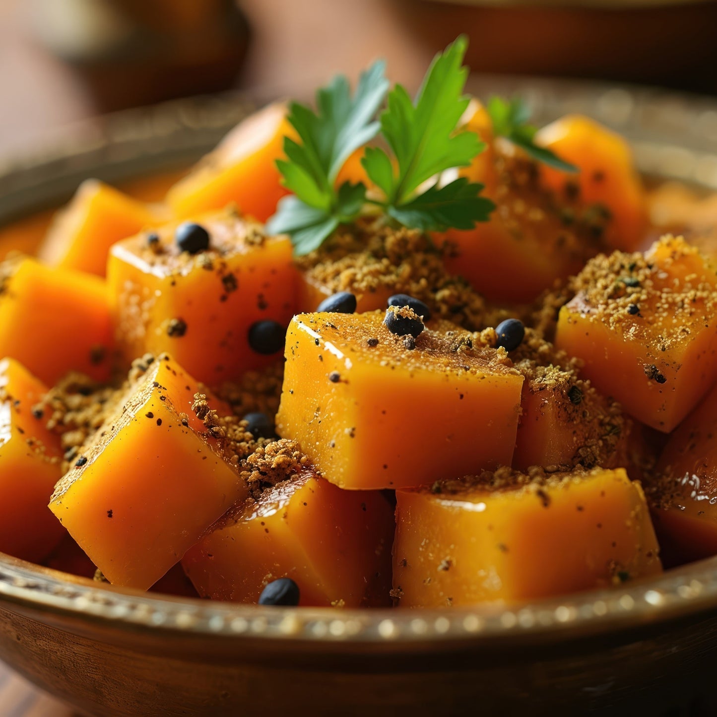 Bowl of cubed sweet potatoes with garnishes on a wooden surface