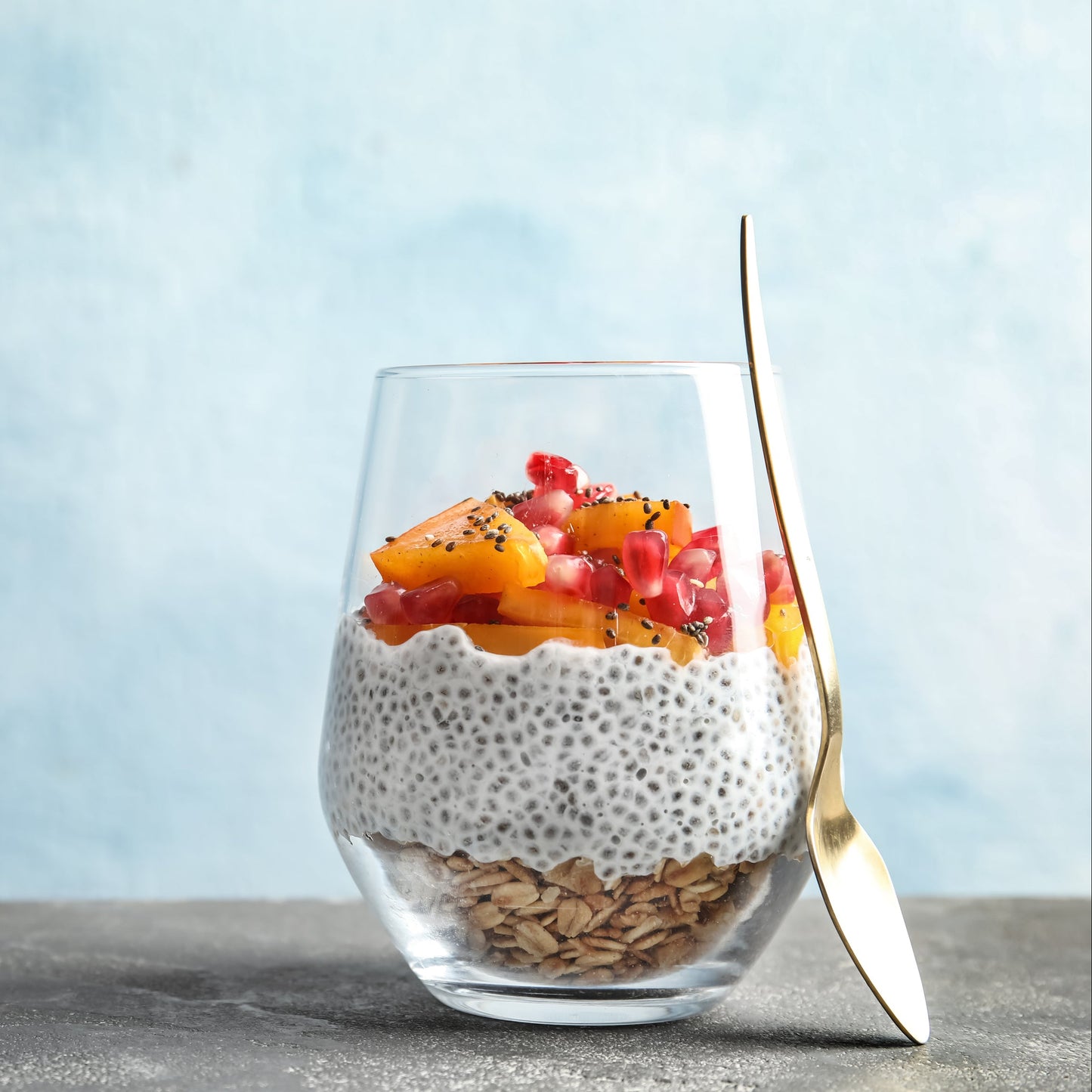 White chia seed pudding topped with fresh fruit