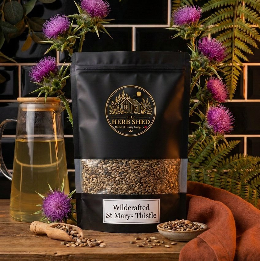 A black stand-up pouch of The Herb Shed Wildcrafted St Marys Thistle tea on a rustic wooden table, surrounded by purple thistle flowers, green ferns, a glass pitcher of tea, scattered seeds, and a rust-colored cloth against a black tiled background.