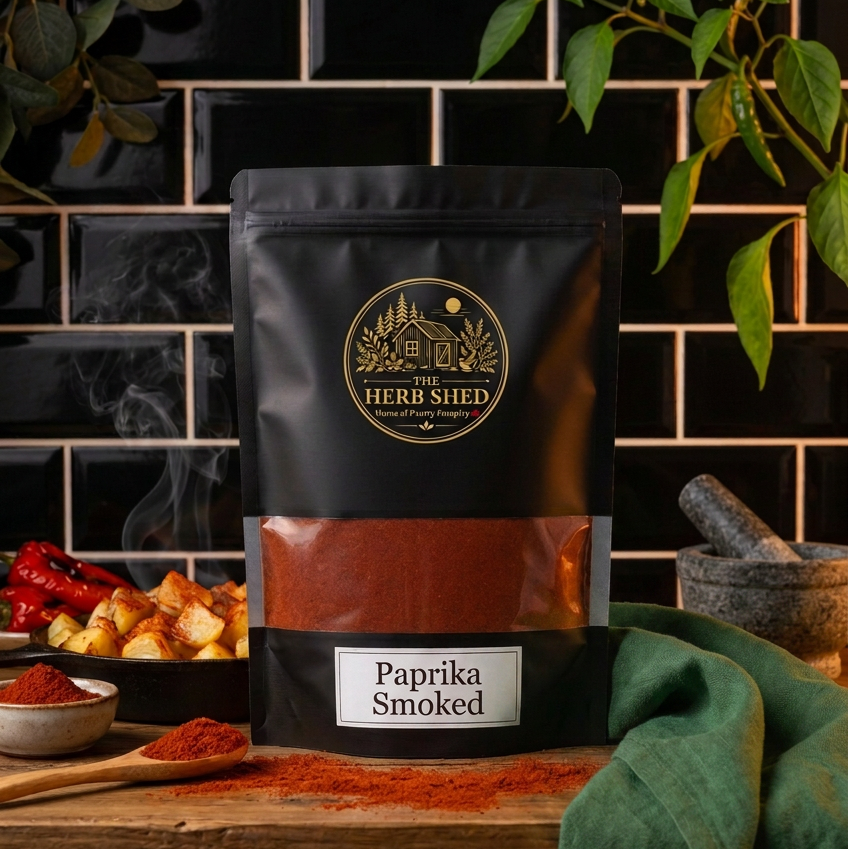 A black stand-up pouch of The Herb Shed Paprika Smoked sits on a wooden surface with loose smoked paprika, red chillies, roasted potatoes, a mortar and pestle and green foliage, against a black tiled background with soft green fabric.