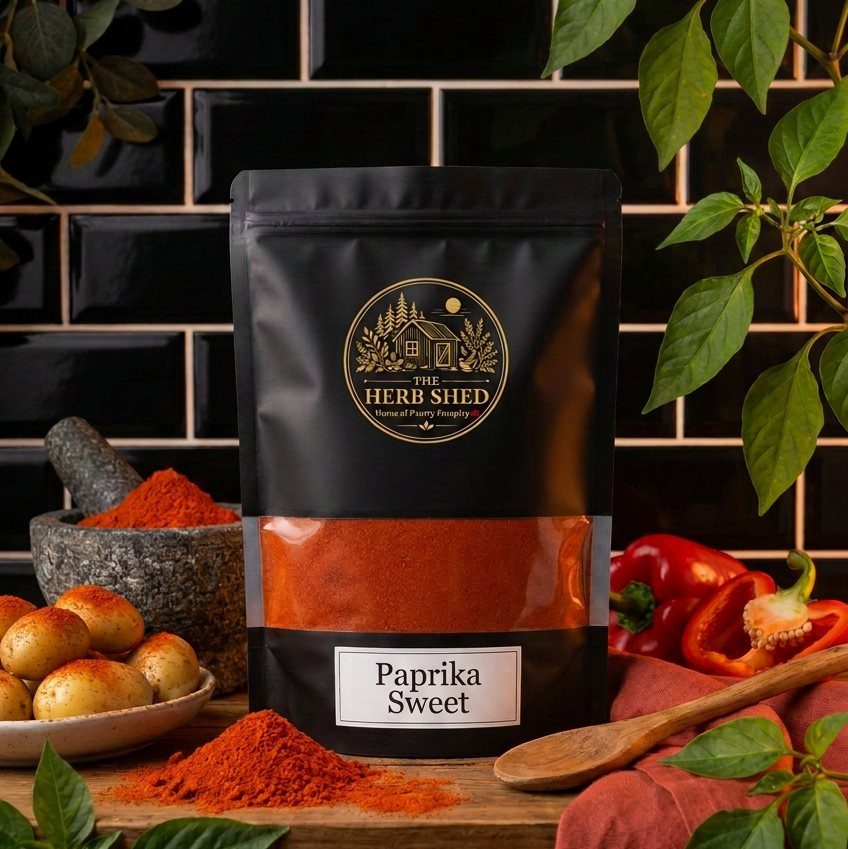 A black stand-up pouch of The Herb Shed Paprika Sweet sits on a wooden surface with loose red paprika, fresh red peppers, potatoes, a mortar and pestle and green foliage, against a black tiled background with warm terracotta fabric.