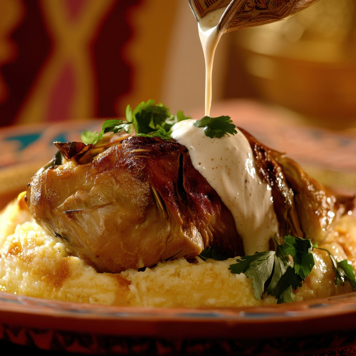 Creamy cooked polenta is served with a piece of roasted chicken, sauce and fresh green herbs, showing a savoury serving idea for The Herb Shed Polenta Fine.