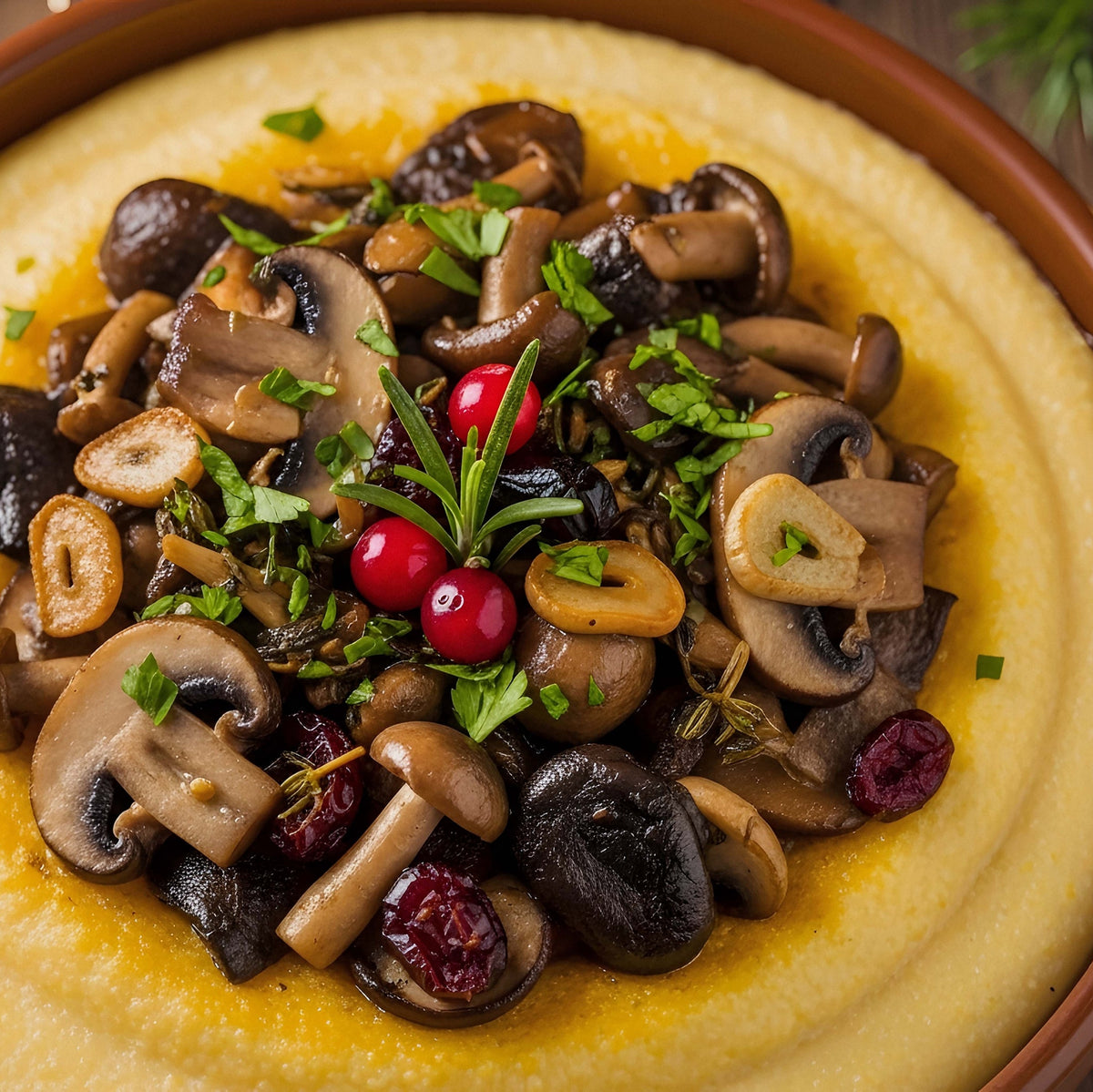Creamy golden polenta is topped with sautéed mushrooms, fresh green herbs and red garnish, showing a savoury vegetarian serving idea for The Herb Shed Polenta Fine.