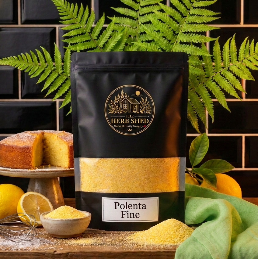 A black stand-up pouch of The Herb Shed Polenta Fine sits on a wooden surface with loose golden polenta, a small bowl, fresh lemons, green foliage and slices of cornbread, with a black tiled background and soft green fabric.