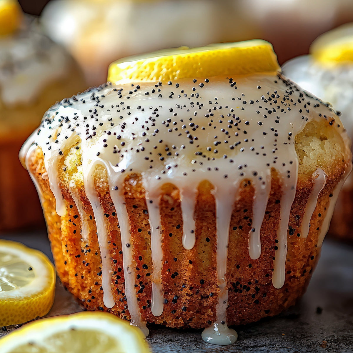A small lemon poppy seed cake is topped with white icing, black poppy seeds and a slice of fresh lemon, with lemons arranged around the cake.
