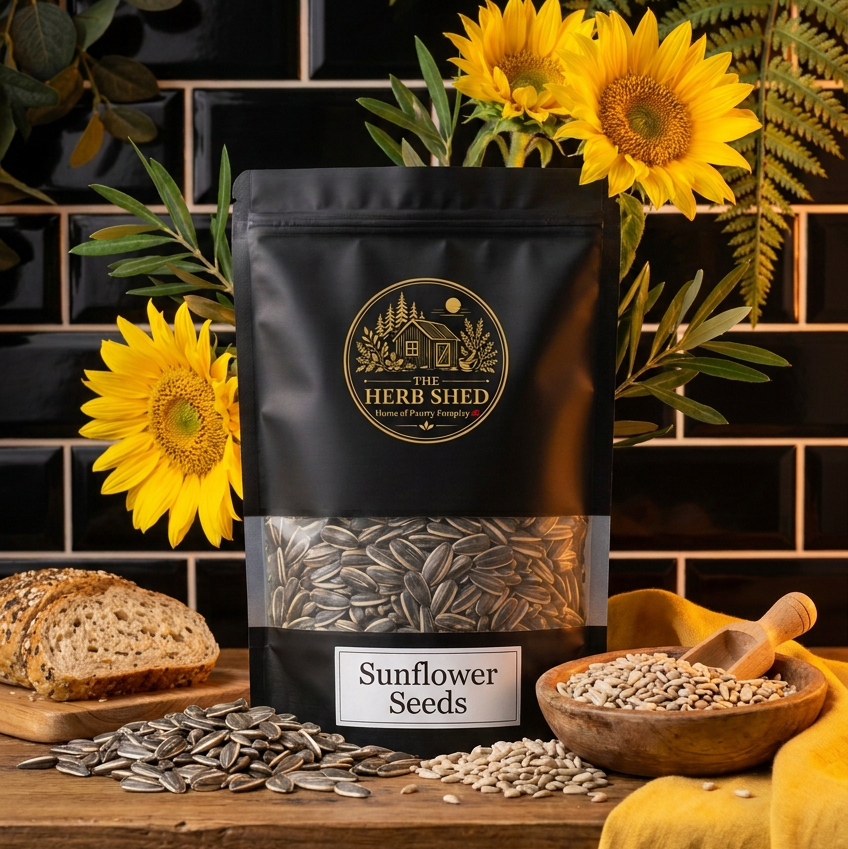 A black stand-up pouch of The Herb Shed Sunflower Seeds sits on a wooden surface with loose sunflower seeds, a wooden bowl and scoop, fresh sunflowers and sliced bread, against a black tiled background with warm yellow fabric.