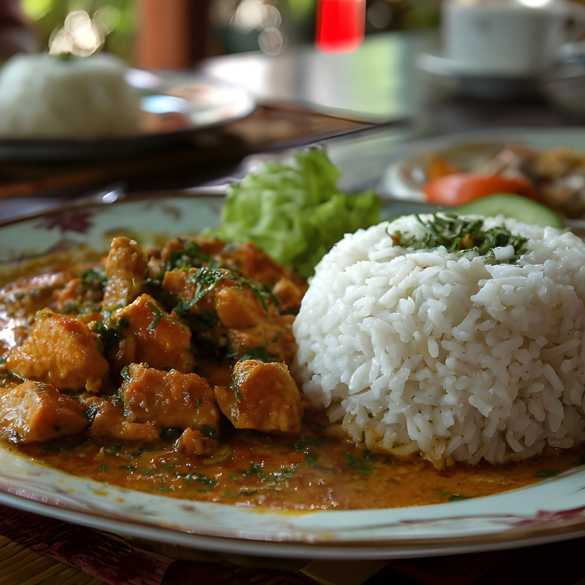 A generous mound of fluffy Thai Jasmine Rice garnished with fresh herbs, served alongside tender chicken pieces in a rich, reddish-orange curry sauce with fresh lettuce on a decorative ceramic plate, from The Herb Shed Wollongong Australia.