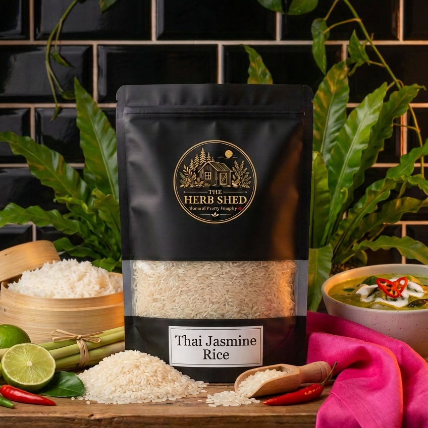 A black stand-up pouch of Thai Jasmine Rice displayed on a rustic wooden surface with white rice, fresh lime, red chillies, green foliage and vibrant pink fabric against dark kitchen tiles, from The Herb Shed Wollongong Australia.