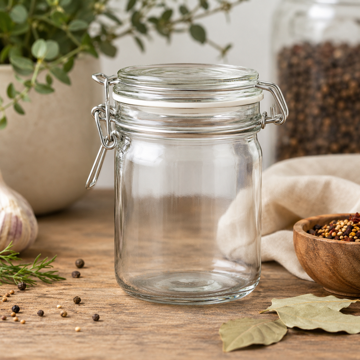 The Harvest 260ml Clip Lid Jar from The Herb Shed in Wollongong, Australia, shown empty and crystal clear with its hinged glass lid and metal clip closure, surrounded by herbs, garlic, peppercorns and bay leaves.