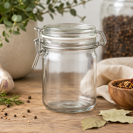 The Harvest 260ml Clip Lid Jar from The Herb Shed in Wollongong, Australia, shown empty and crystal clear with its hinged glass lid and metal clip closure, surrounded by herbs, garlic, peppercorns and bay leaves.