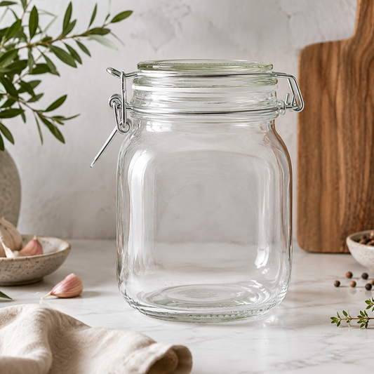 The Preserve 1 Litre Clip Lid Jar from The Herb Shed in Wollongong, Australia, shown empty and crystal clear with its hinged glass lid and metal clip closure, ready for pantry storage and preserving.