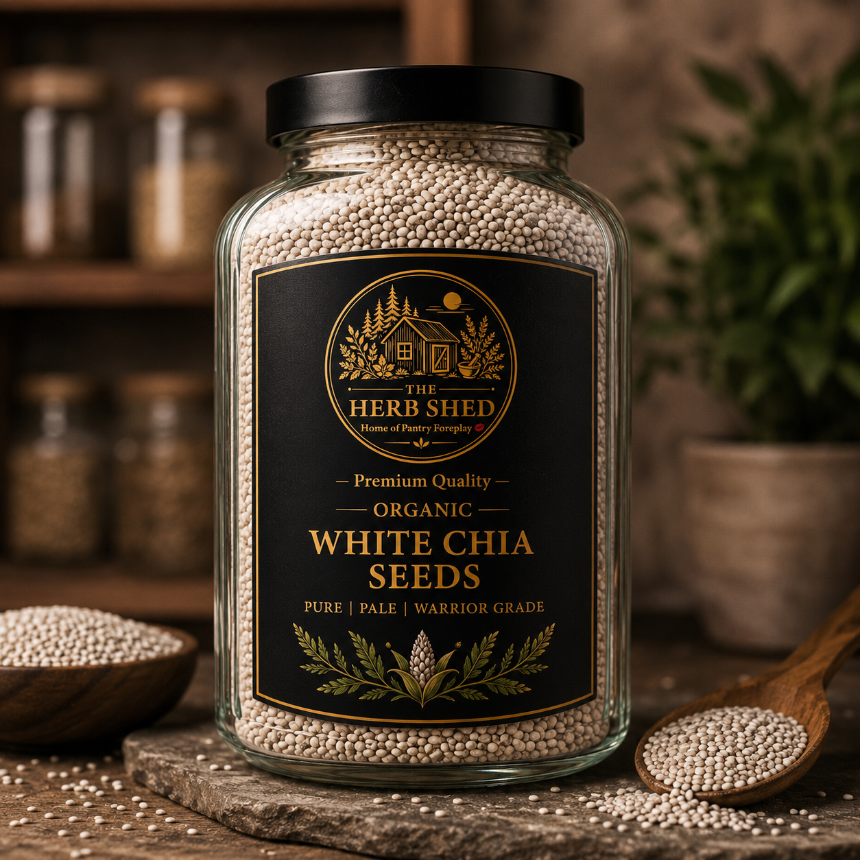 White chia seeds in glass storage jar