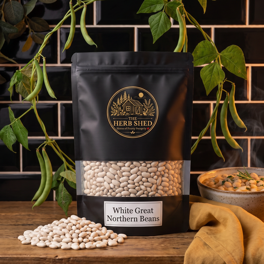 A black stand-up pouch of White Great Northern Beans displayed with loose white beans and leafy foliage in a dark kitchen setting, from The Herb Shed Wollongong Australia.