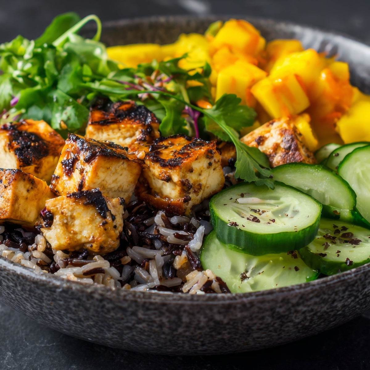 Cooked wild rice is served in a grain bowl with seasoned chicken, cucumber, leafy greens, corn and other fresh vegetables.