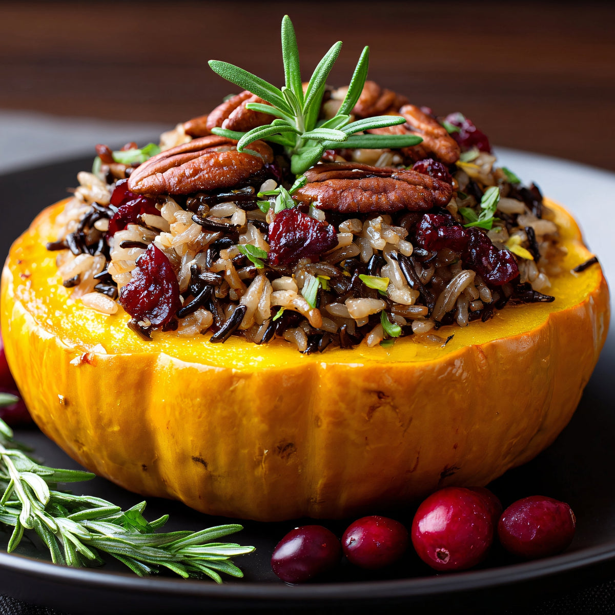 A roasted pumpkin is filled with a wild rice mixture and garnished with fresh rosemary, showing a savoury cooking idea using The Herb Shed Wild Rice.