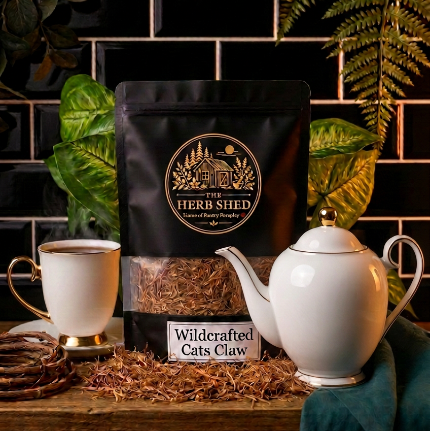 A black stand-up pouch of The Herb Shed Wildcrafted Cats Claw sits on a wooden surface with loose shredded Cats Claw bark, a cup and teapot, surrounded by leafy greenery and soft teal fabric against a black tiled background.