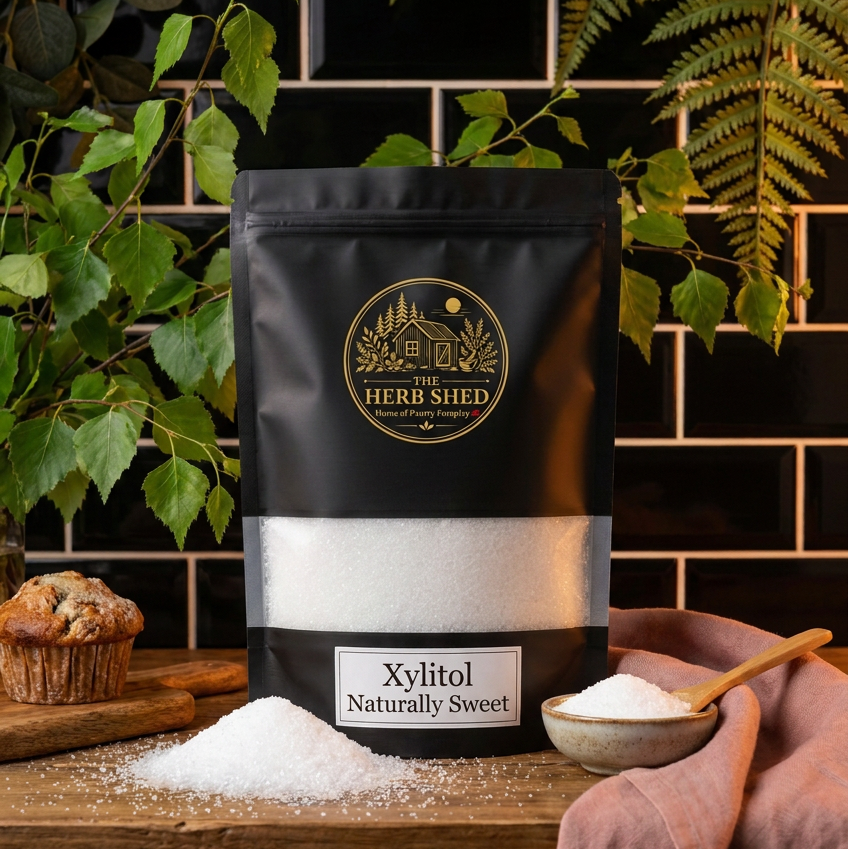 A black stand-up pouch of The Herb Shed Xylitol Naturally Sweet sits on a wooden surface with loose white xylitol crystals, a wooden spoon and baked muffin, surrounded by green foliage and soft pink fabric against a black tiled background.