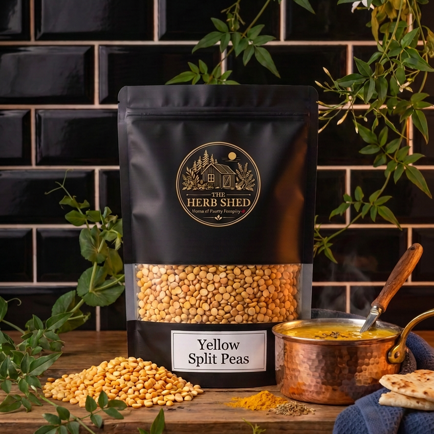 A black stand-up pouch of The Herb Shed Yellow Split Peas displayed in a kitchen setting, Wollongong Australia.