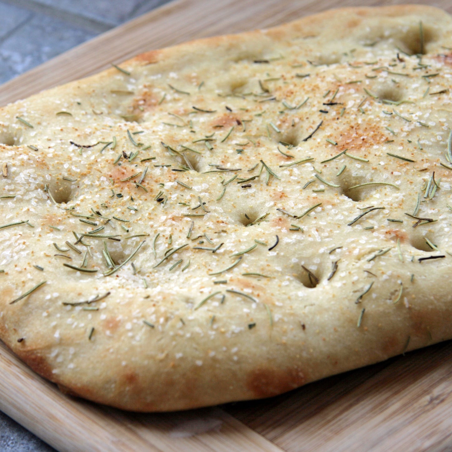 Rosemary focaccia topped with coarse kosher salt