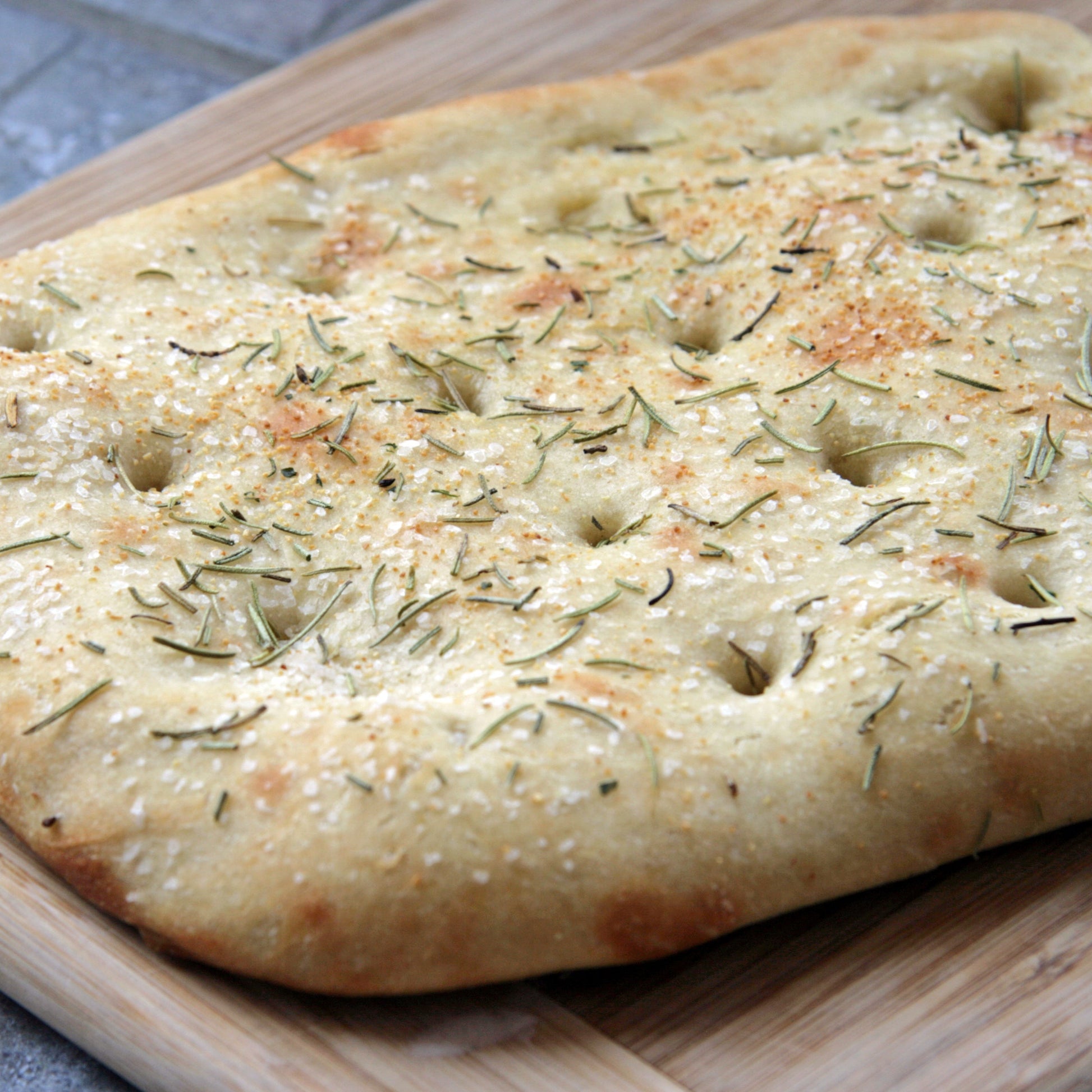 Rosemary focaccia topped with coarse kosher salt
