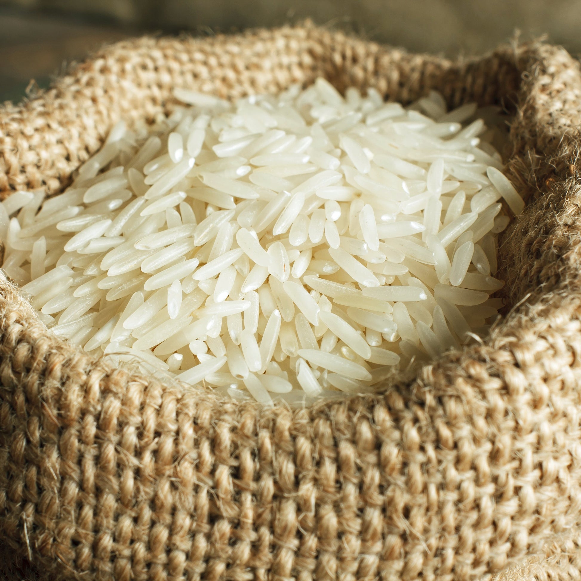 Close-up of basmati rice in a hessian sack – long aromatic white rice from The Herb Shed Wollongong