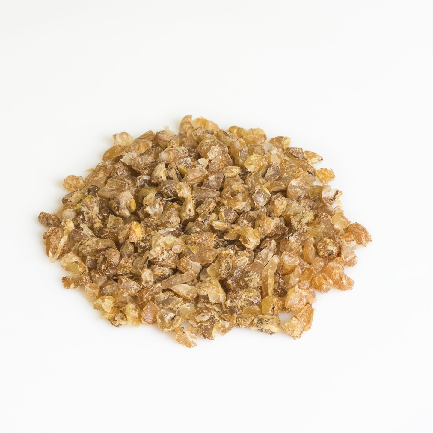 Pile of burghul coarse on a white background – golden cracked wheat grain from The Herb Shed Wollongong