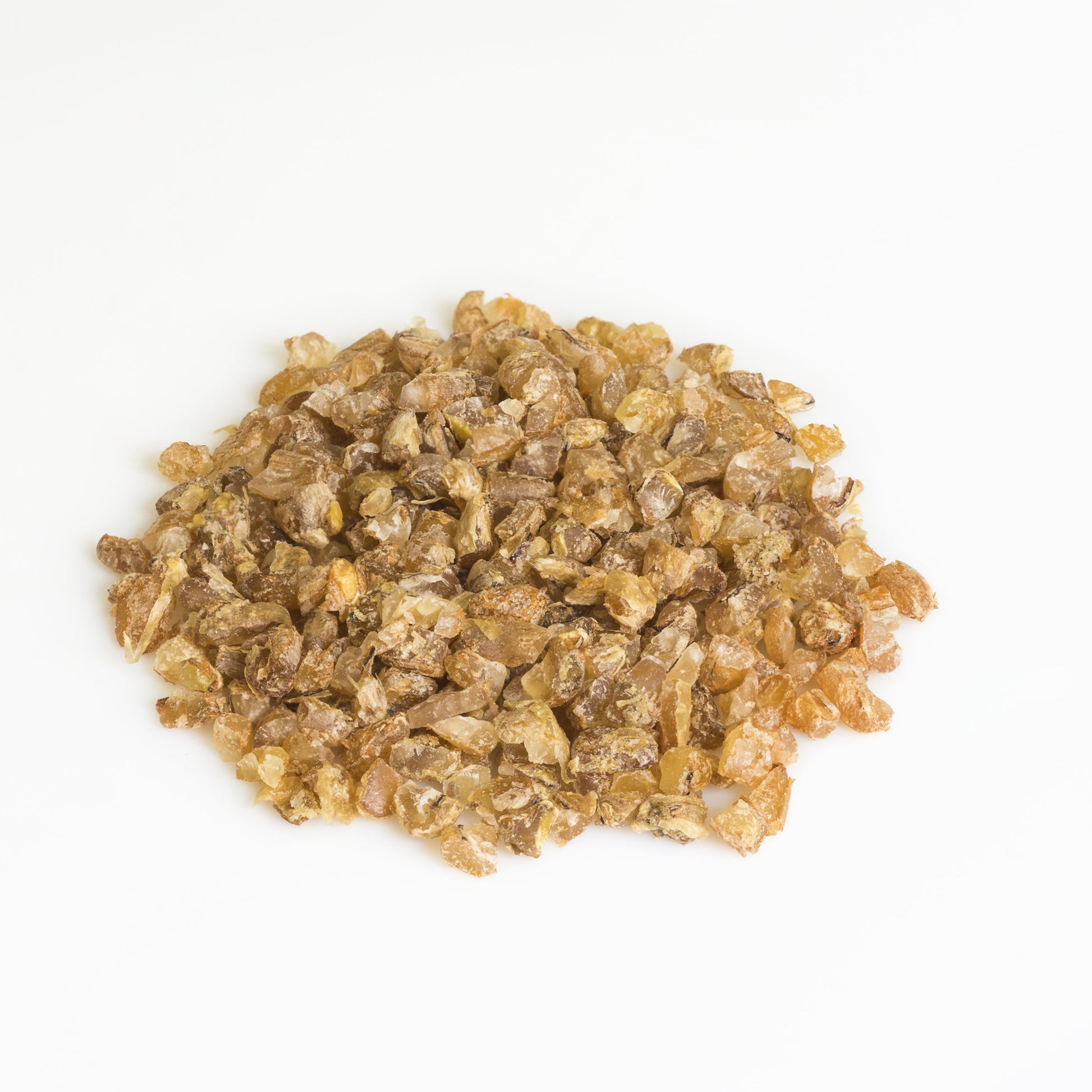 Pile of burghul coarse on a white background – golden cracked wheat grain from The Herb Shed Wollongong