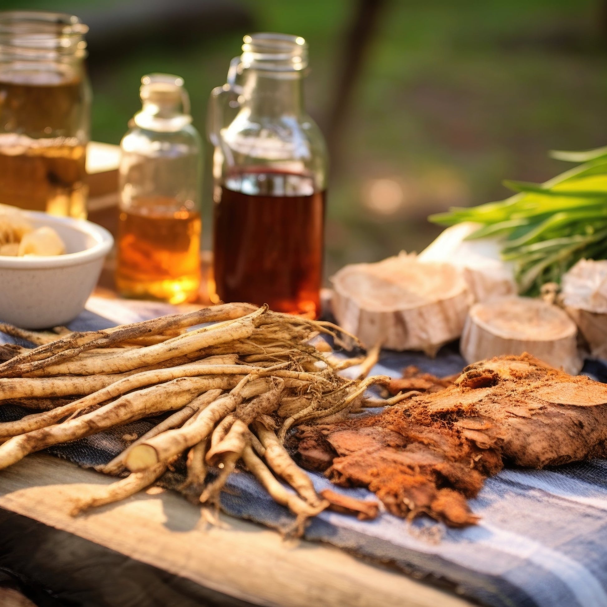 Fresh and dried sarsaparilla root displayed on a rustic table with herbal bottles and sliced roots in the background – traditional herbal root from The Herb Shed Wollongong