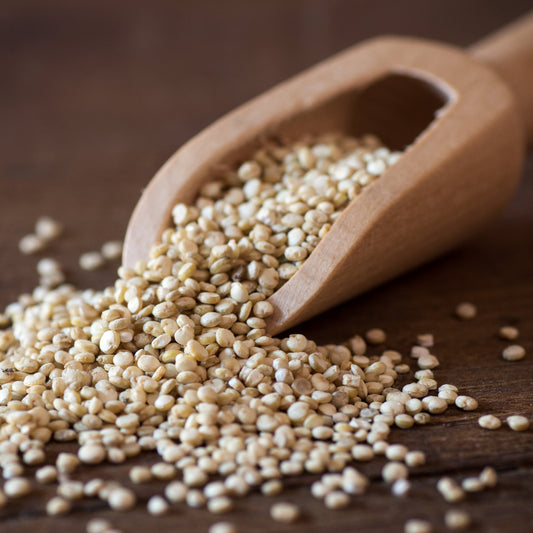 White quinoa scattered from a wooden scoop onto a wooden table – pale nutritious grain from The Herb Shed Wollongong