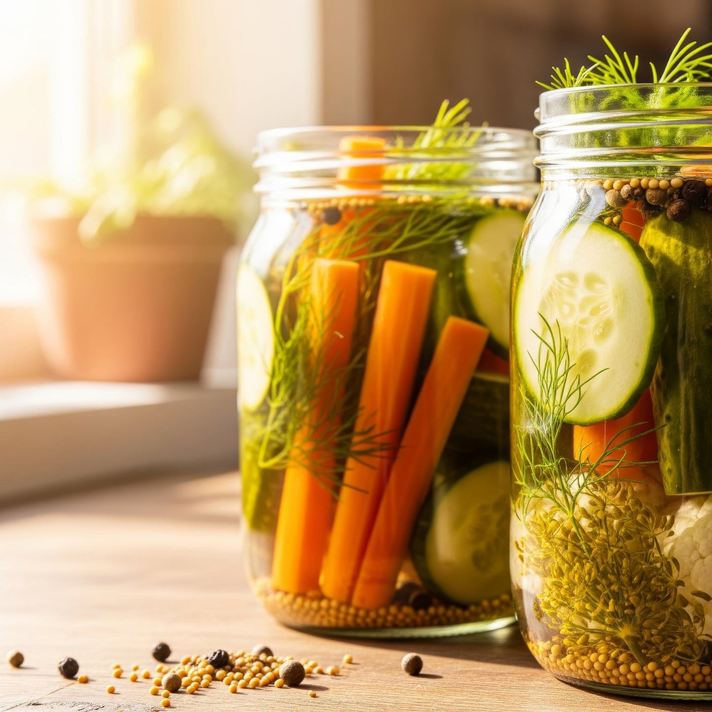 Pickled vegetables in glass jars made with Organic Yellow Mustard Seeds.