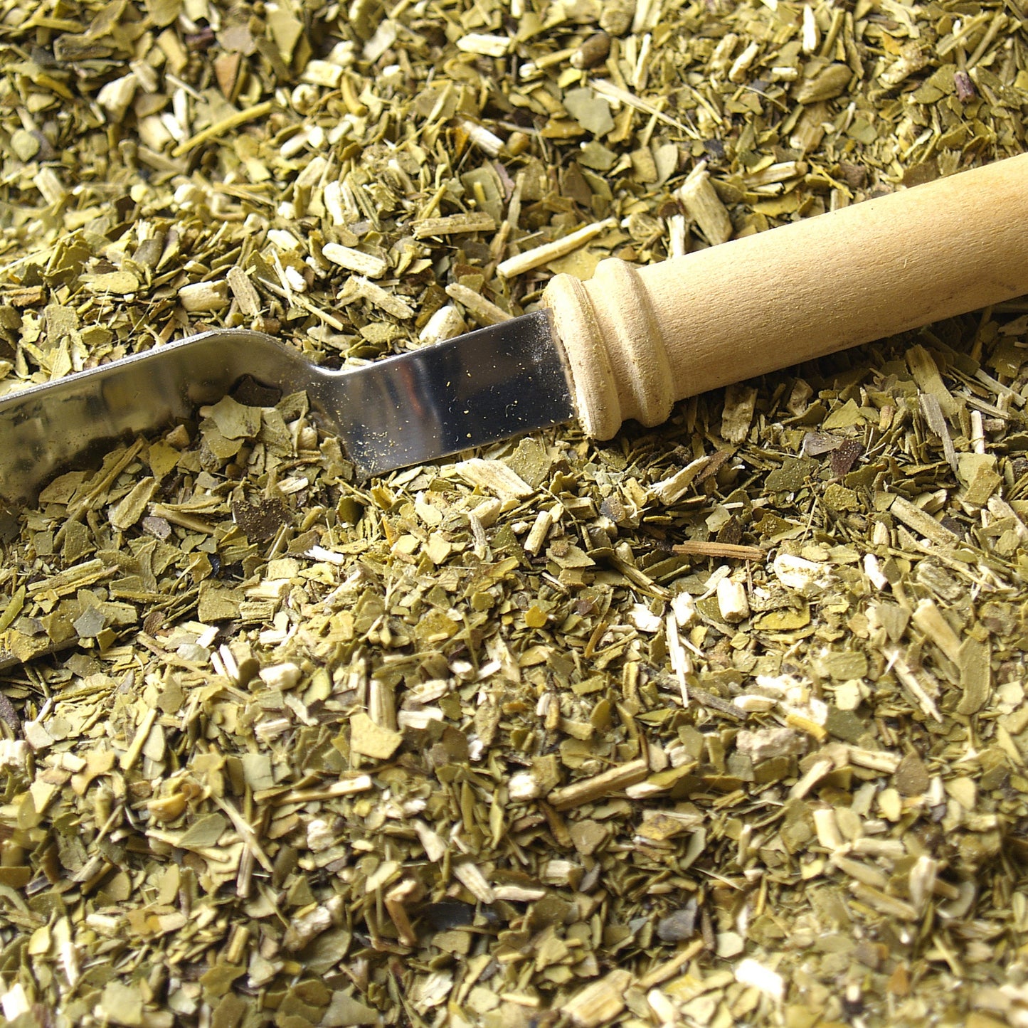 Organic Yerba Maté loose leaves with a wooden scoop.